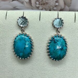 .925 Sterling Silver Large TURQUOISE & Genuine Blue Topaz Earrings